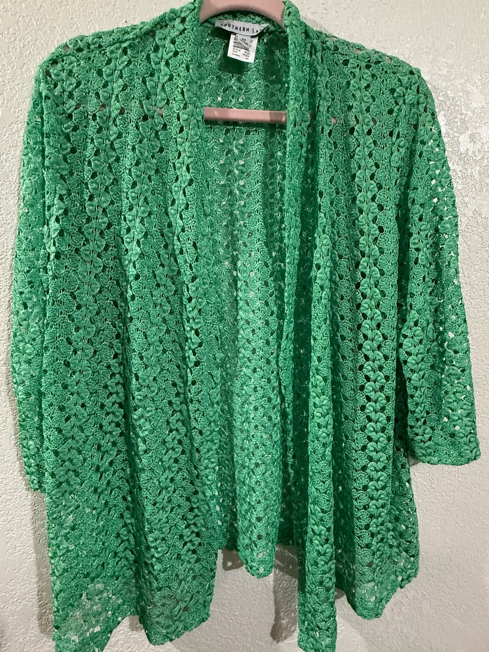 Southern Lady Openwork Crochet Tunic Cardigan in Bright Green